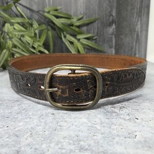 Vintage Textan | Tooled Genuine Cowhide Leather Dark Brown Belt